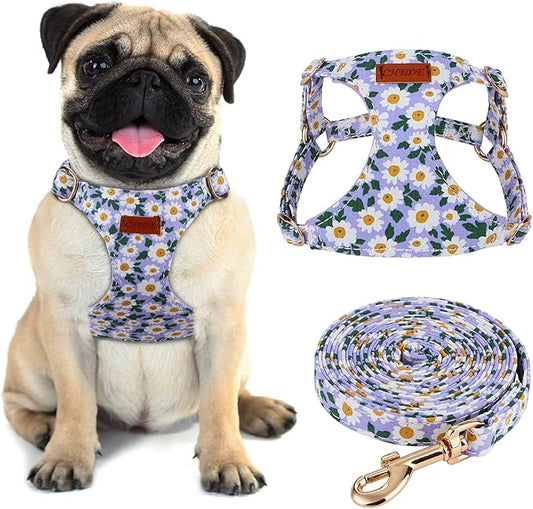 CHEDE No Pull Floral Pattern Dog Harness- Lightweight and Soft Dog Harness, Adjustable Small Dog Harness and Leash Set, with Dog Leash, Suitable for Puppy Small and Medium-Sized Dog (S, Purple Daisy)
