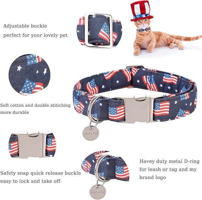 American Flag Dog Collar with Bow Tie, 4th of July Comfortable Cotton Cute Dog Collar with Metal Buckle, Patriotic Bowtie Collar for Puppy Girl Boy Dog or Cat, XS