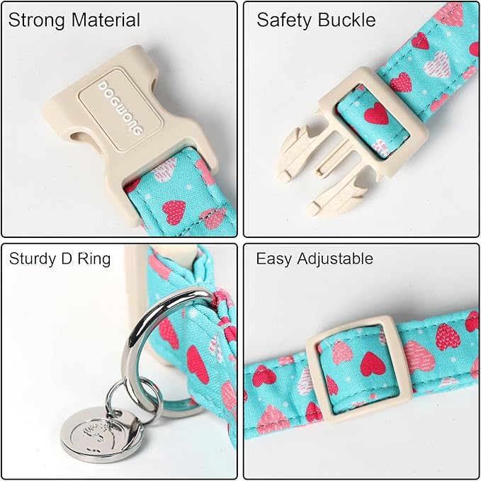 DOGWONG Valentine's Dog Collar - Blue Heart Adjustable Cotton Heart Dog Collar - Perfect for Small to Medium Dogs