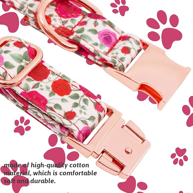 Dog Collar and Leash Set Girls Adjustable Puppy Collars with Floral Bow Tie for Small Medium Large Female Dogs, Red Rose, L