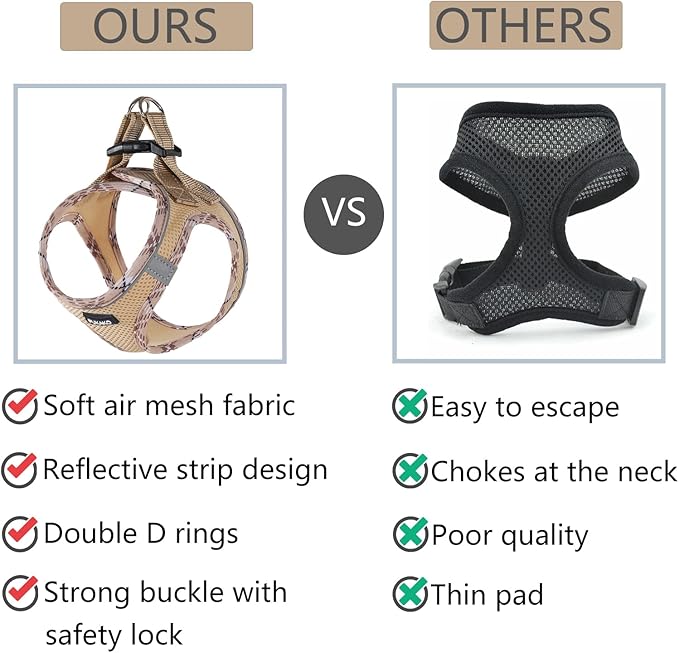 Puppy Harness and Leash Set, Small Dog Harness and Leash Set, Step in Small Size Harness with Soft Mesh and Reflective Bands for Extra-Small/Small Dogs, Khaki， M, Khaki(Plaid)