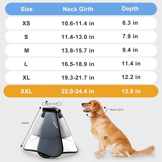 Soft Dog Cone for Dogs After Surgery, Breathable Pet Recovery Collar for Large Medium Dogs, Adjustable Dog Cone Collar, Elizabethan Collar (XXL, Black)