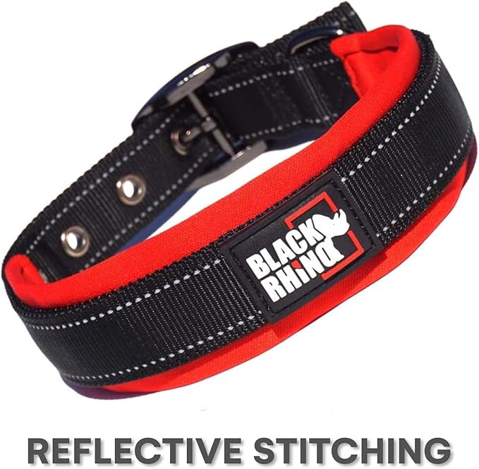 Black Rhino Dog Collars for Medium Dogs - Adjustable Reflective Heavy Duty Dog Collar with Ultra-Soft Neoprene Padding - Weatherproof, Durable, and Comfortable - Ideal for Active Dogs - Red and Black