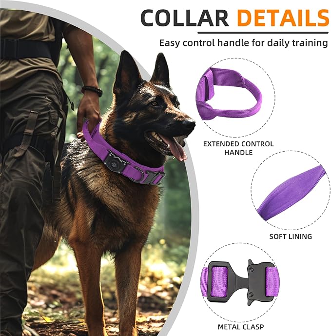 Tactical AirTag Dog Collar, 100% Waterproof Integrated Apple Air Tag Dog Collars with Hard PC AirTag Holder, Adjustable Military Collar with Handle, GPS Dog Collar for Medium Large Dogs