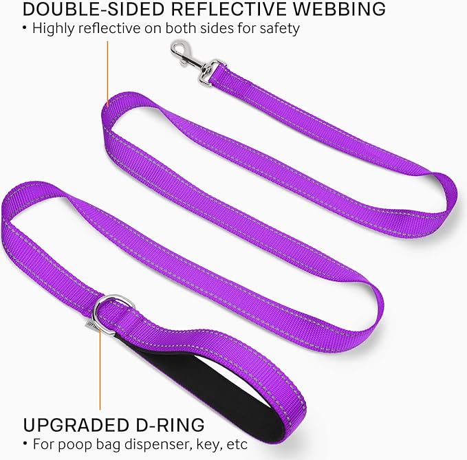 Joytale Double-Sided Reflective Dog Leash, 6 FT/5 FT/4 FT, Padded Handle Nylon Heavy Duty Leashes for Medium & Large Dogs Walking, Purple, 6FT