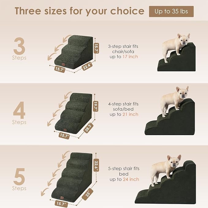 EHEYCIGA Curved Dog Stairs Ramp for Small Dogs 15.7" H, 3-Step Dog Steps for Couch Sofa and Chair, Pet Stairs for Cats, Non-Slip Balanced Pet Steps Indoor, Olive Green