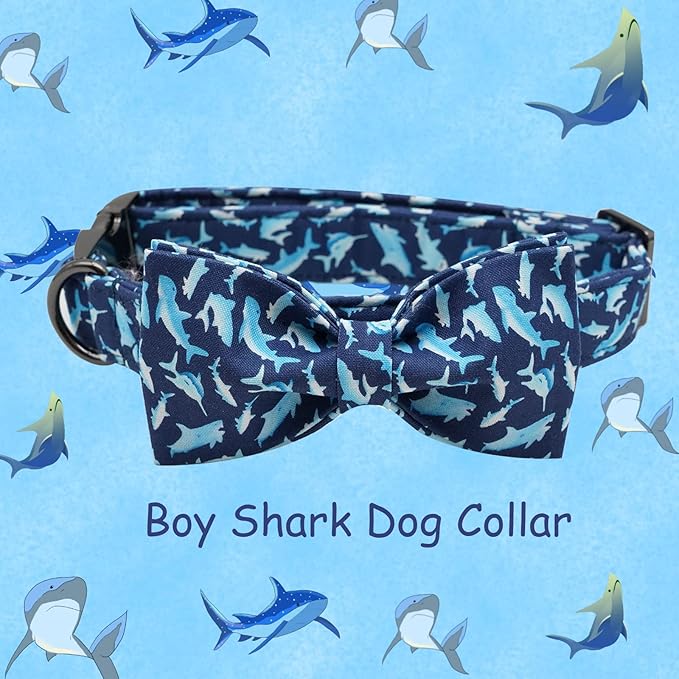 Elegant Little Tail Bowtie Dog Collar - Shark Print, Adjustable for X-Large Dogs