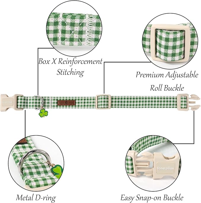 Lionet Paws St. Patrick Dog Collar, Comfortable Adjustable Green Collar with Green and White Grid Pattern for X-Small Male Female Puppies Dogs Collars, Neck 8-12 inches