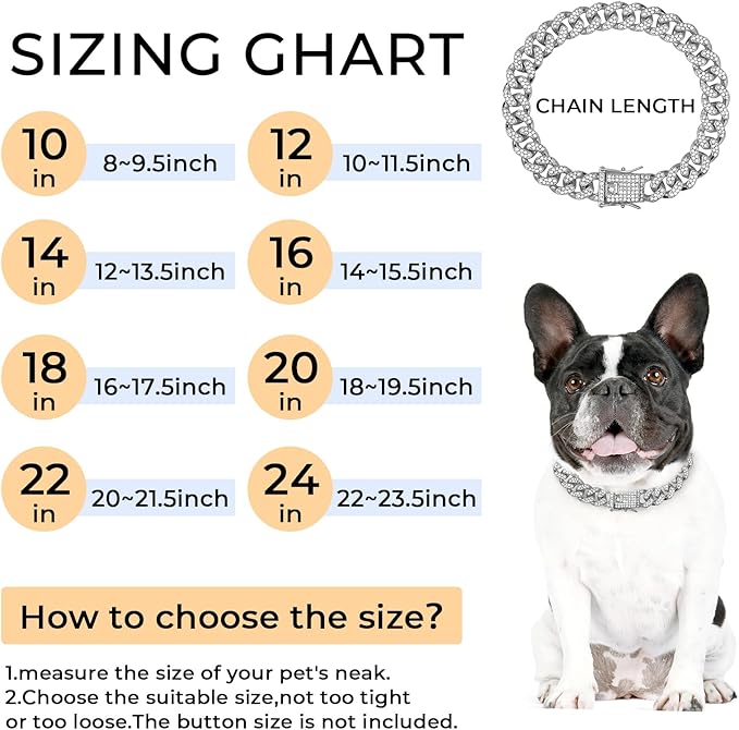 Dog Chain Collar Silver Dog Necklace Diamond Cuban Link Dog Collar 13mm Wide Metal Pet Cat Dog Chain Crystal Collar Jewelry Accessories for Large Medium Small Dogs Cats(Silver,24 Inch)