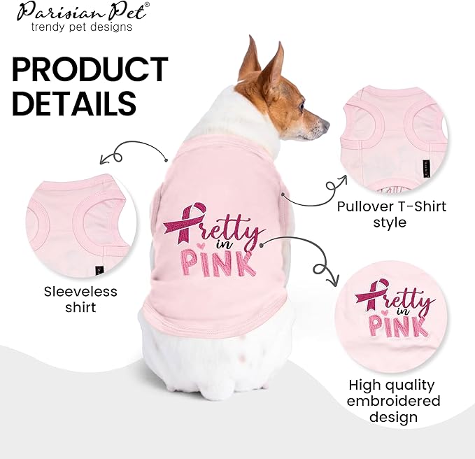 Parisian Pet Dog Tshirt - Embroidered “ Pretty in Pink “ Girl Dogs Apparel - Breathable and Lightweight Dog Clothes - Sleeveless Doggy Tee Shirts - Machine Washable Shirt for Large Dogs - 2XL