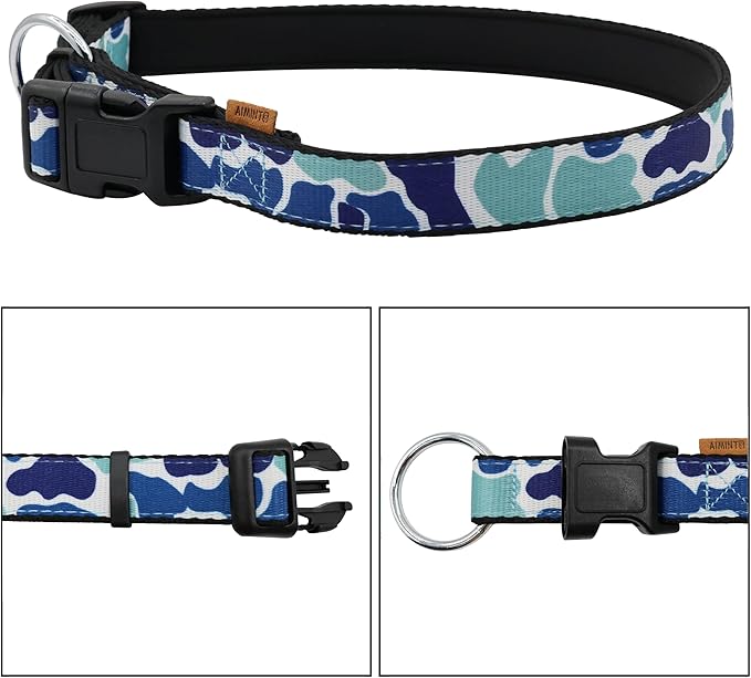 Dog Collar, Cute Camouflage Pattern, Neoprene Padded and Adjustable Collar with Quick Release Buckle, Reinforced Structure (L (Neck 18-28", Width 1"), Camouflage Blue)