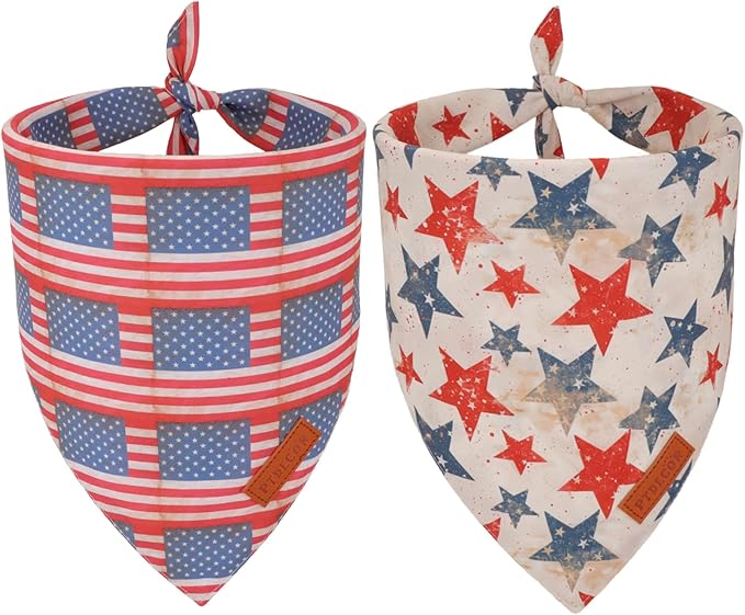 PTDECOR American Flag Dog Bandana Flag Stars Patterns, Patriotic Pet Scarf Reversible Triangle 4th of July Bandanas for Medium Large Dogs Pets (Large)