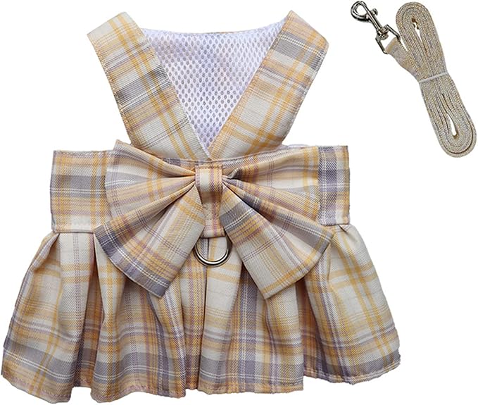 Dog Harness and Leash Set, Cute Bow Tie Plaid Harnesses for Puppy Cat, Adjustable Pet Kitties Vest, Breathable Harness Traction Rope for Boy Girl Small Animal(Harness White,XL for 12.1-15.4lbs Dog)