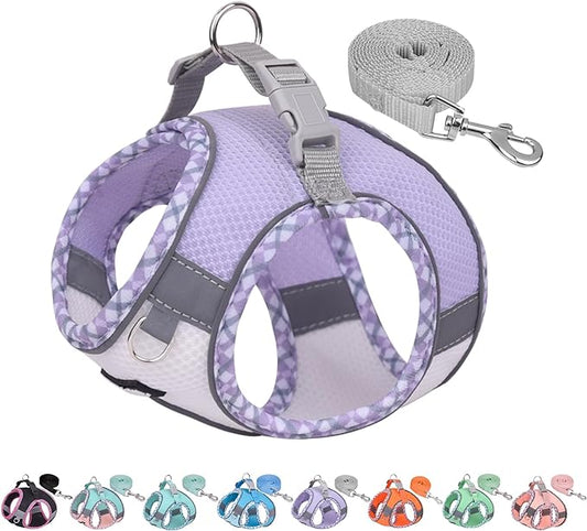 AIITLE Dog Harness and Leash Set - Ultra-Comfortable XXS-XL Vest with Strong Velcro & Glow-in-Dark Reflective Strips, Chafe-Free for Teddy, Schnauzer (Purple-White, M)