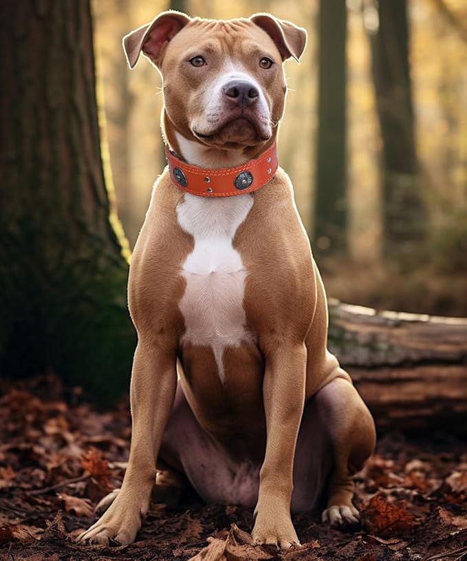 Leather Dog Collar, 2 inches Wide Heavy Duty Genuine Leather Collars, Handmade, Soft, and Luxury, Eye-catching Best Choice for Large and Medium Breed Dogs, Orange 19.5-23.5 inches