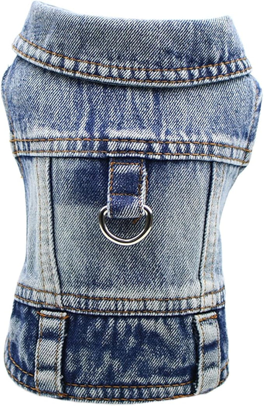 Puppy Clothes for Small Dogs Boy,Classic Western Denim Dog Coat,Dog Jeans Jacket with Leash D-Ring,Pet Cat Costumes,Cooling Harness Vest for Walking (Blue, XX-Large)