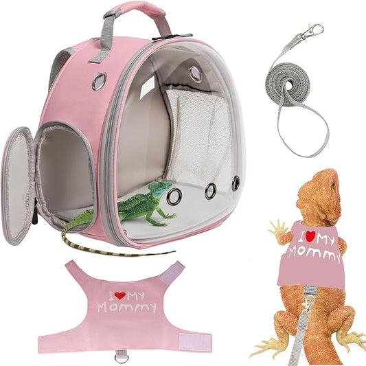 Bearded Dragon Carrier Backpack with Security Printing Harness Set, Reptile Lizard Travel Carrier (Pink, Mommy Harness)