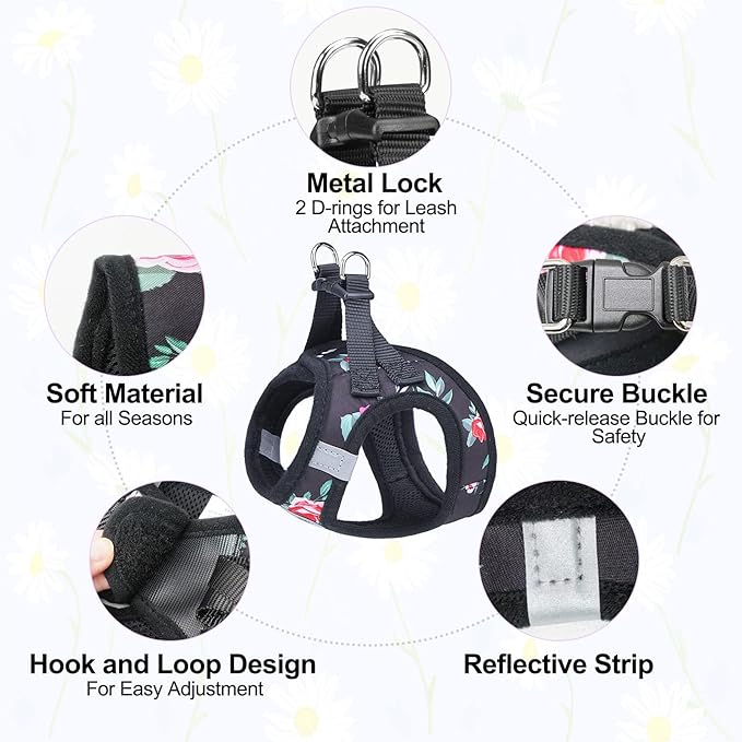 BEAUTYZOO Step in Dog Leash Set, Floral Pattern Reflective Harness No Pull No Choke Puppy Harness for XXS XS S Pets, Soft Padded Mesh Vest for Girl and Boy Dogs and Cats