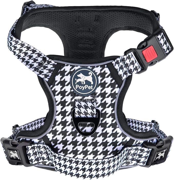PoyPet No Pull Dog Harness, [Release on Neck] Reflective Adjustable No Choke Pet Vest with Front & Back 2 Leash Attachments, Soft Control Training Handle for Small Medium Large Dogs(Houndstooth,S)
