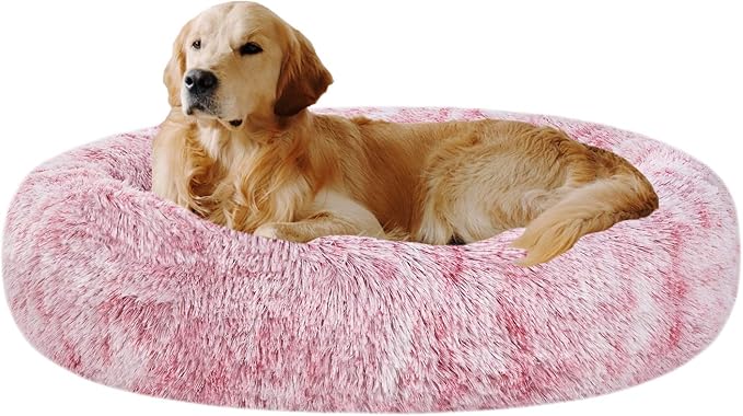 Coohom Oval Calming Donut Cuddler Dog Bed,Shag Faux Fur Cat Bed Washable Round Pillow Pet Bed(30"/36"/43") for Small Medium Dogs (XL(36"x27"x7"), Red)