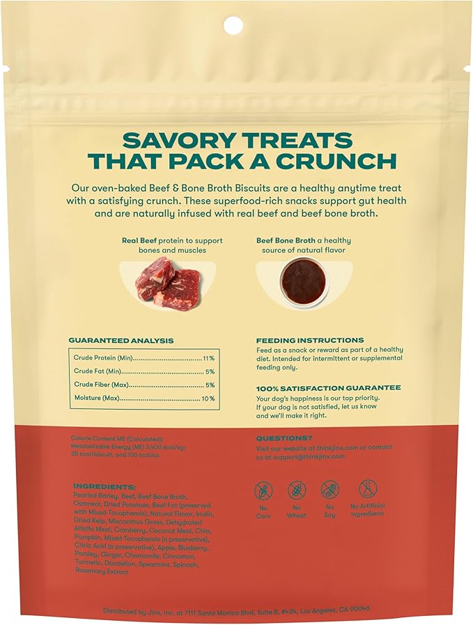 Jinx Oven-Baked Beef Bone Broth Biscuit Treats, Crunchy, All Natural, Superfood-Rich with Real Beef, Pumpkin & Blueberries, 16oz, 4 Pack