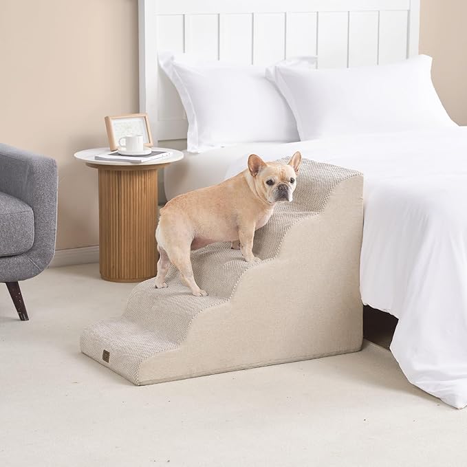 EHEYCIGA Curved Dog Stairs Ramp for High Beds, 5-Step Extra Wide Dog Steps for Small Dogs and Cats, Pet Stairs for High Bed Climbing, Non-Slip Balanced Pet Step Indoor, Beige