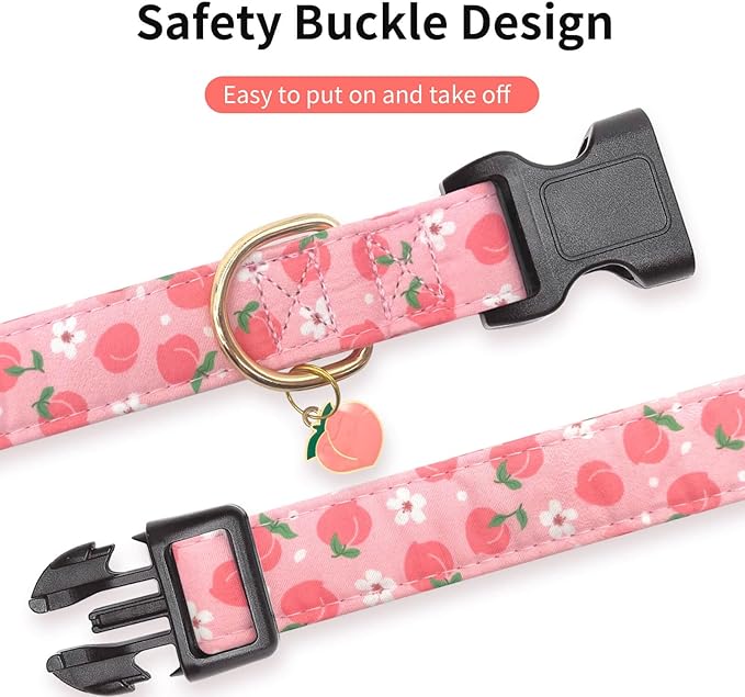 Cotton Dog Collar,Soft and Cute Puppy Collars with Peach Patterned Design for Girl Female Boy Dogs,Adjustable Buckle Pet Collar for Small Medium Large Dogs (Pink Peach, Medium)