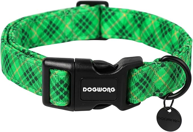 DOGWONG St. Patrick's Day Dog Collar, Green Plaid Dog Collar Soft Durable Adjustable Costume St. Patrick's Day Green Grid Puppy Collar for Small Medium Large Dog