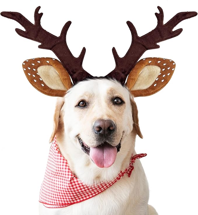 KUDES Dog Cat Christmas Reindeer Antlers Headband Classic Adjustable Elk Hat Headwear Pet Deer Cospaly Costumes Accessories (L(for Medium Big Dogs))