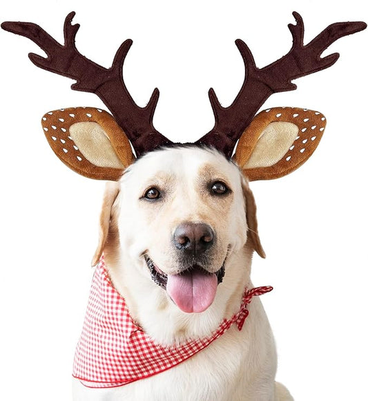 KUDES Dog Cat Christmas Reindeer Antlers Headband Classic Adjustable Elk Hat Headwear Pet Deer Cospaly Costumes Accessories (L(for Medium Big Dogs))