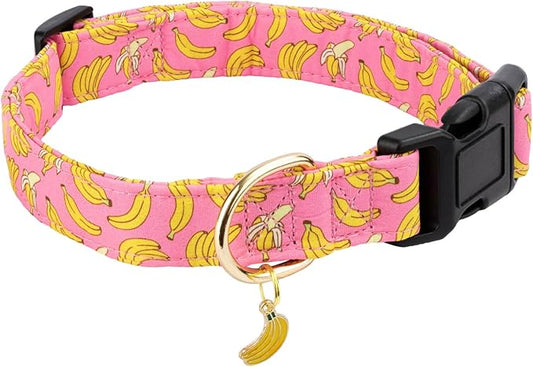 Cotton Dog Collar,Soft and Cute Puppy Collars with Banana Patterned Design for Girl Female Boy Dogs,Adjustable Buckle Pet Collar for Small Medium Large Dogs (Pink Banana, S)