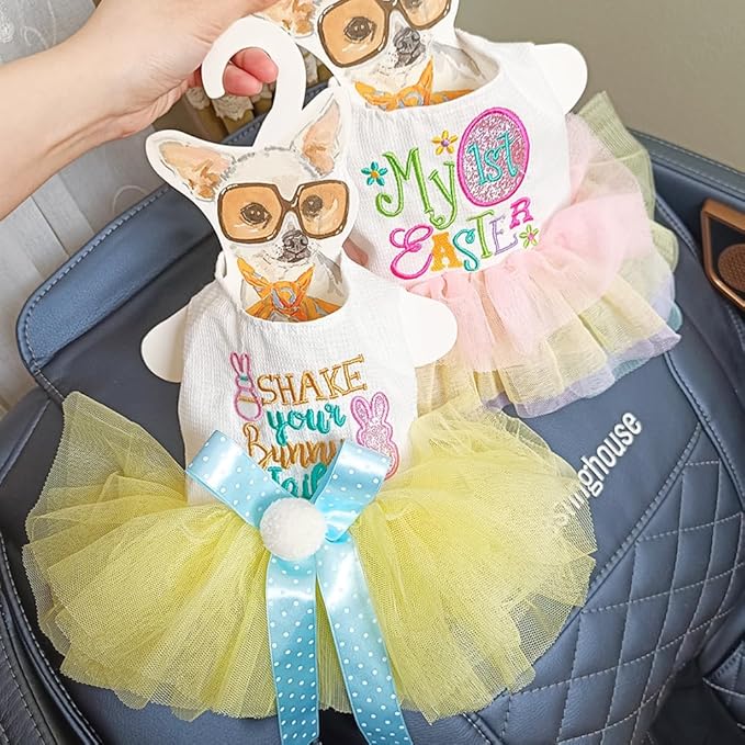 Dog Easter Outfit with Embroidered Bunny Patterns and Cute Pompom Holiday Puppy Dress Bow Small Dog Tutu Cat Apparel Fancy Pet Clothes,Yellow,Blue,White (Yellow, X-Large)