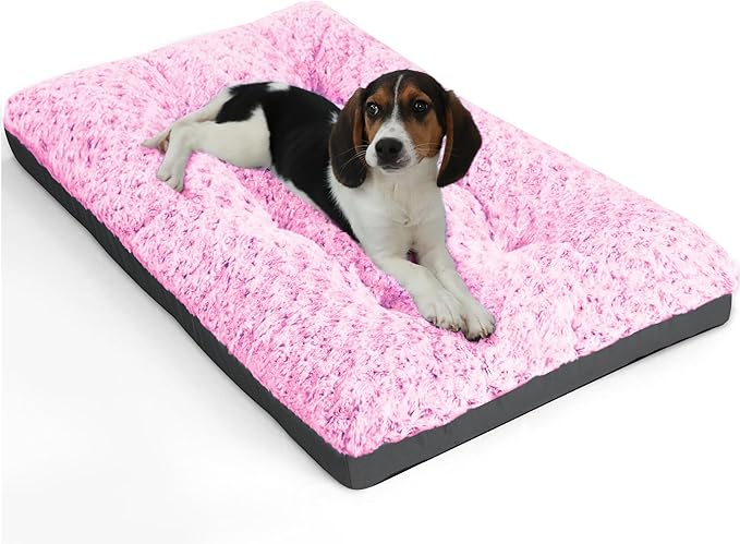 POCBLUE Deluxe Washable Dog Bed for Small Dogs Dog Crate Mat 24 inch Comfy Fluffy Kennel Pad Anti-Slip for Dogs Up to 25 lbs, 24" x 17", Pink