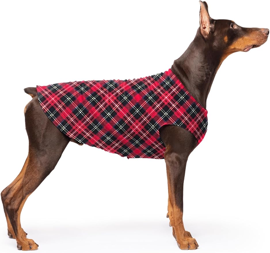 Stretch Fleece Dog Coat, Stretchy Pet Sweater, Machine Washable Pullover for Winter and Fall, Red Classic Plaid, 24
