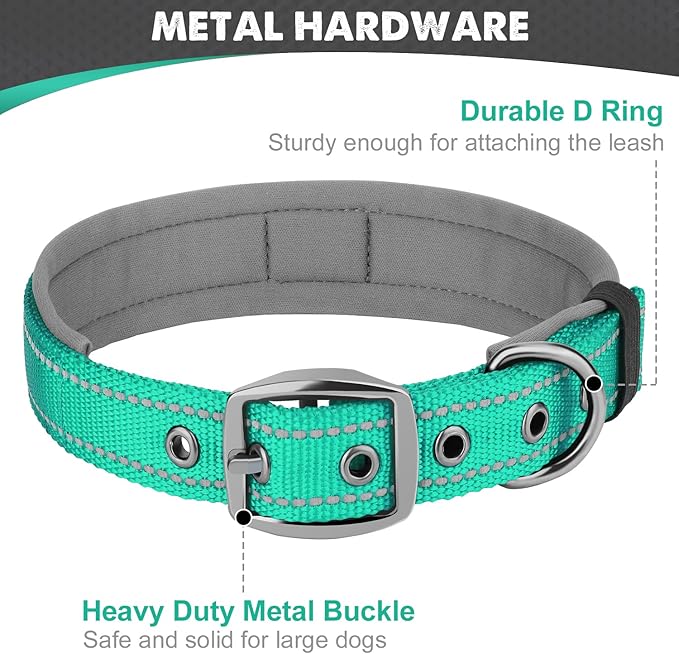 Joytale Dog Collar for Extra Large Dogs, Neoprene Padded and Adjustable, Reflective Wide Heavy Duty Pet Collars with Durable Metal Belt Buckle for Walking, Teal, XL