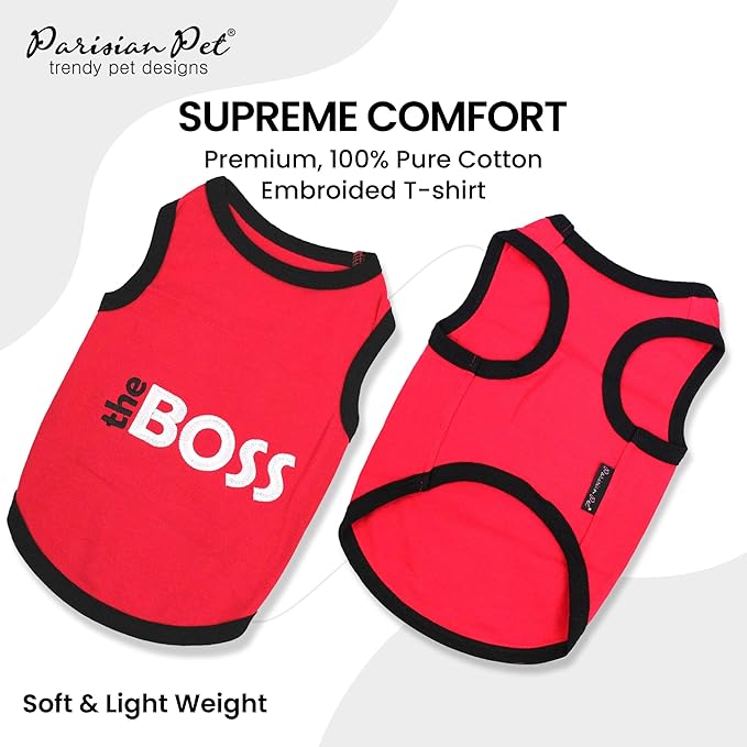 Parisian Pet Dog T-Shirt with Embroidered 'The Boss' - Lightweight Dog Clothes - Sleeveless Dog Outfit Boss - Dog Shirts for Small Dogs, S