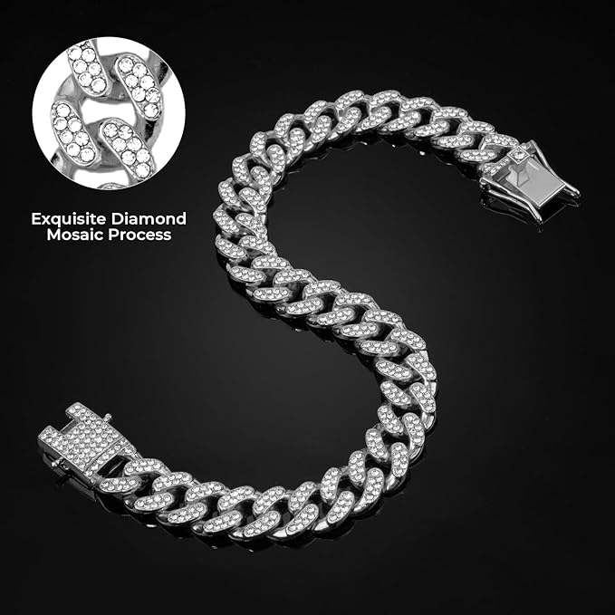 Dog Chain Collar Silver Dog Necklace Diamond Cuban Link Dog Collar 13mm Wide Metal Pet Cat Dog Chain Crystal Collar Jewelry Accessories for Large Medium Small Dogs Cats(Silver,24 Inch)