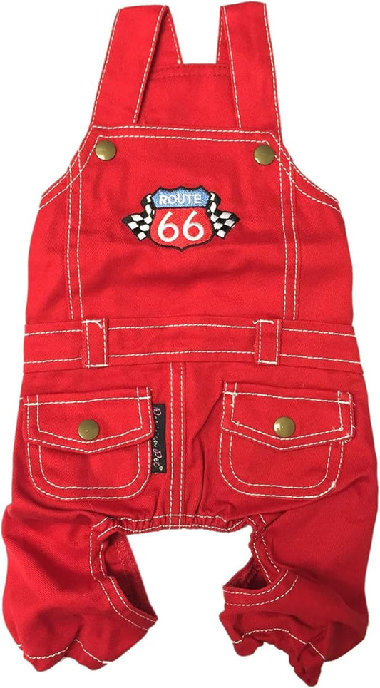 Parisian Pet Denim Overall w/ Embroidered Route 66 ' Red Dog Jumpsuit - Breathable, Machine Washable Dog Outfit - Large Dog, 2XL