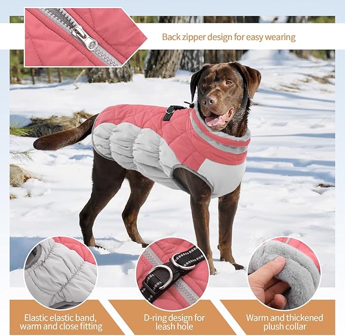 Winter Dog Coat,Large Dog Jacket,Waterproof Pet Jacket with Back Zipper,Pet Coat with Harness Built in,Warm Dogs Coat with Fleece Lined,Snow Jacket Clothes French Bulldog Shiba Inu,Pink,L