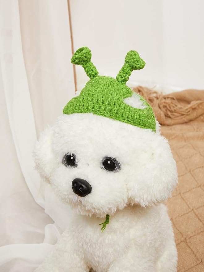 QWINEE Cartoon Alien Design Knit Cute Dog Hat Soft Cat Hat Rabbit Hat Halloween Christmas Party Costume Head Wear Accessories for Puppy Cat Kitten Small Dogs Small Animals Green M