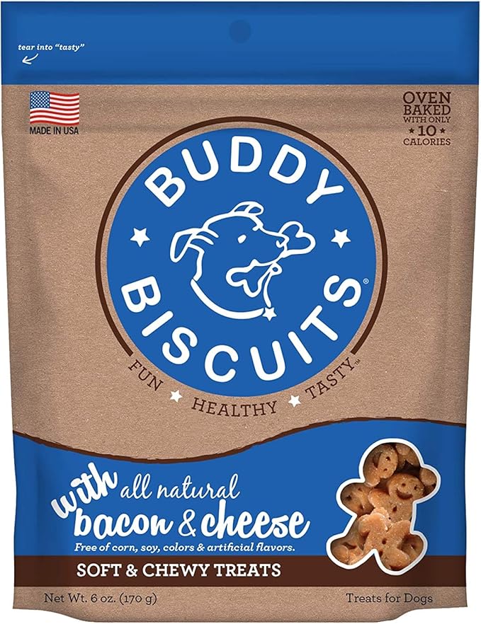 Pet Faves Buddy Biscuits Soft & Chewy Treats for Small & Large Dogs, Grilled Beef, Roasted Chicken, Bacon & Cheese Peanut Butter with 10ct Wipes (2 Grain Free 5oz, 2 Healthy Whole Grain 6oz)