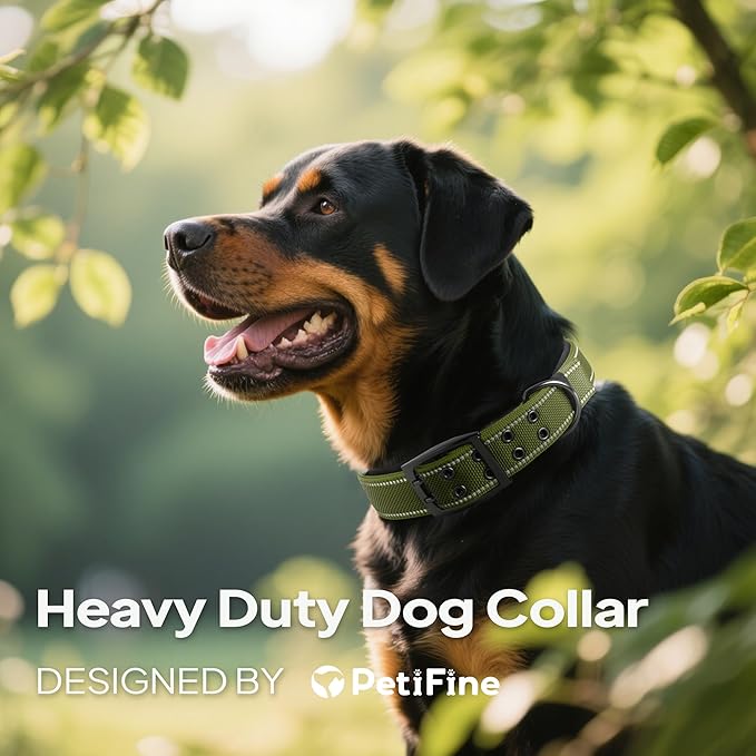 PetiFine Dog Collar for Extra Large Dogs, Neoprene Padded and Adjustable, Reflective Wide Heavy Duty Pet Collars with Durable Metal Belt Buckle for Walking, Green, XL