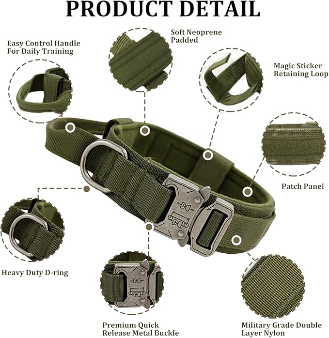 Tactical Dog Collar with Handle - Military Adjustable Dog Training Collar Soft Nylon and Heavy Duty Metal Buckle for Medium Large Dogs - with Patch (Green, Medium)