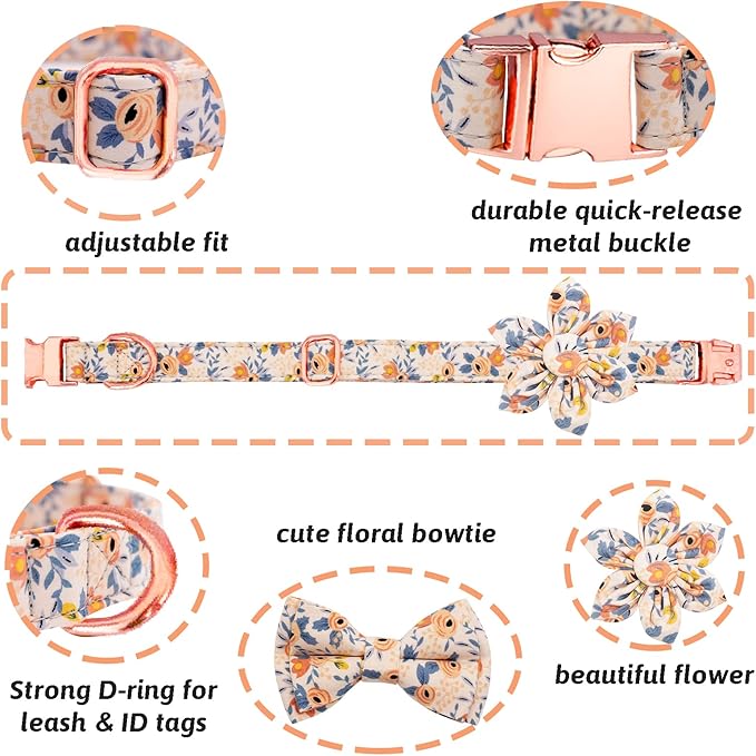 Dog Collar and Leash Set Girls Adjustable Puppy Collars with Floral Bow Tie for Small Medium Large Female Dogs, Orange Flower, S
