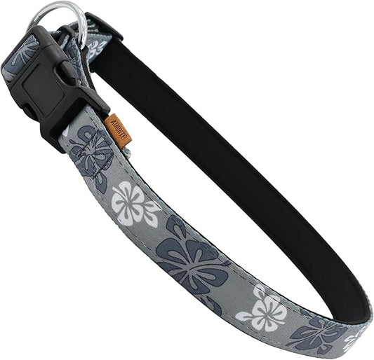 Dog Collar, Cute Floral Pattern, Neoprene Padded and Adjustable Collar with Quick Release Buckle, Reinforced Structure (L (Neck 18-28", Width 1"), Hawaiian Grey)