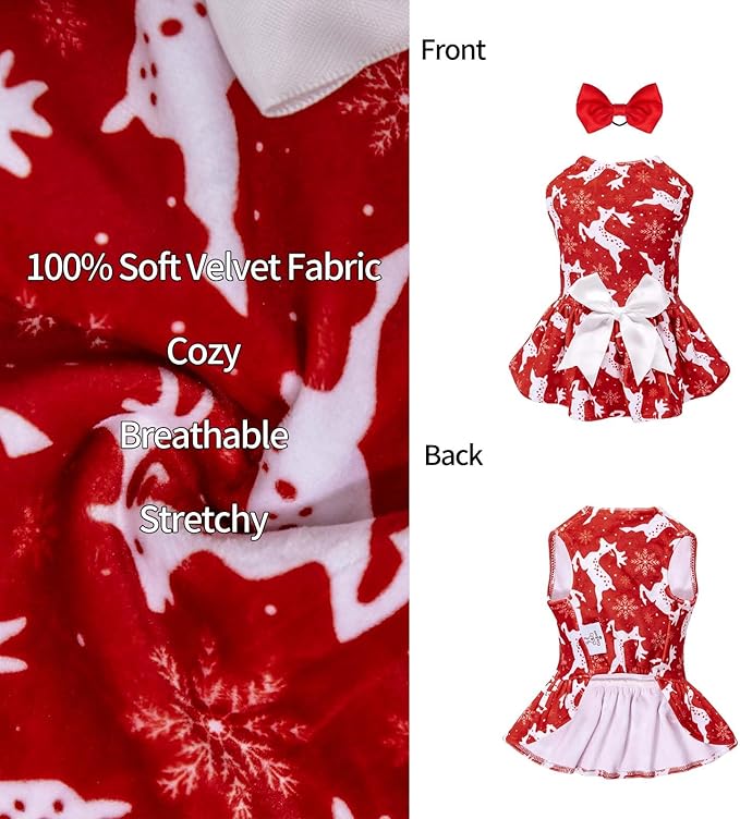 CuteBone Dog Christmas Dresses Outfit Velvet Holiday Small Dogs Clothes Onesie Pet Apparel Girl Puppy Skirt with Bow Hair Rope CVA29L