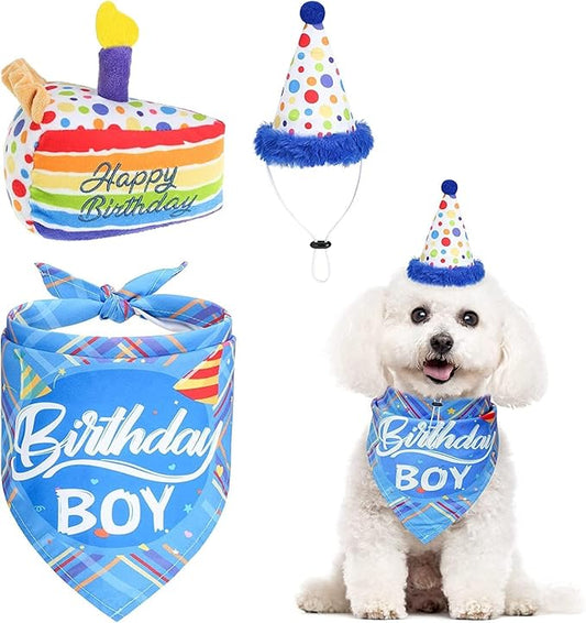Dog Birthday Bandana Hat with Cake Plush Squeak Toy - Birthday Boy Triangle Scarf and Adjustable Polka Dot Hat, Cute Birthday Party Supplies for Small and Medium Dogs and Cats