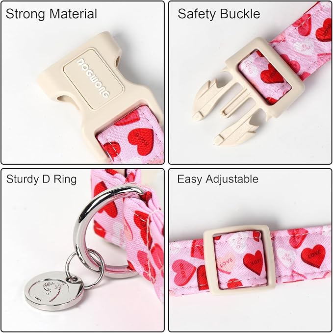 DOGWONG Valentine's Dog Collar - Pink Heart Adjustable Cotton Heart Dog Collar - Perfect for Large Dogs