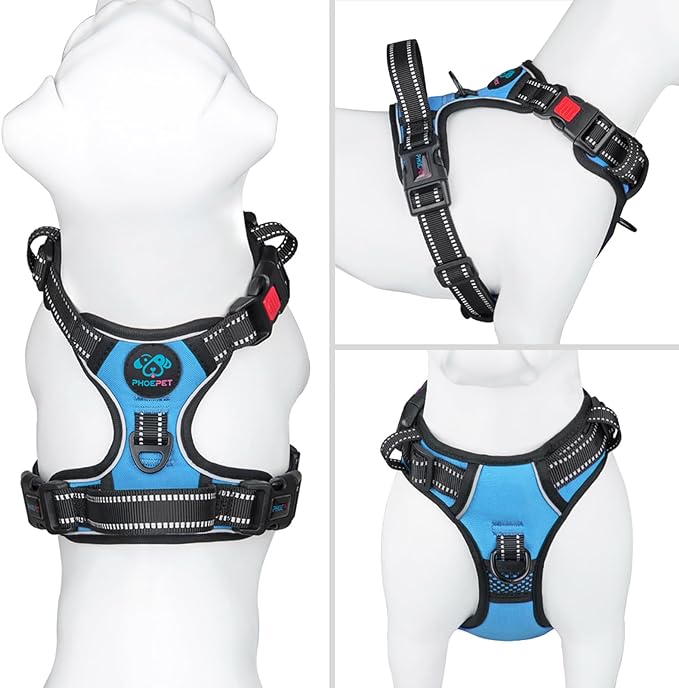 PHOEPET Reflective Dog Harness Large Breed Adjustable No Pull Vest with Handle 2 Metal Rings 3 Buckles [Easy to Put on & Take Off](XL, Blue)