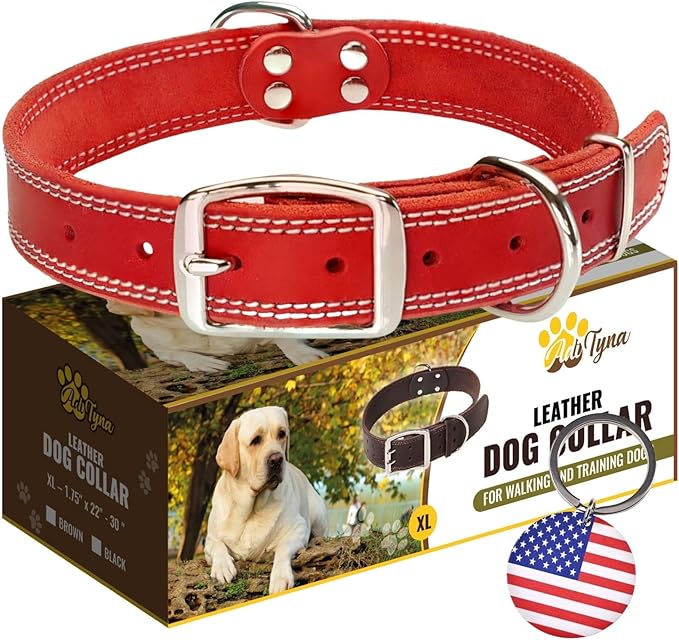 ADITYNA Heavy Duty Red Leather Dog Collar for Large Dogs - Soft and Strong Leather Collar for Walking and Training